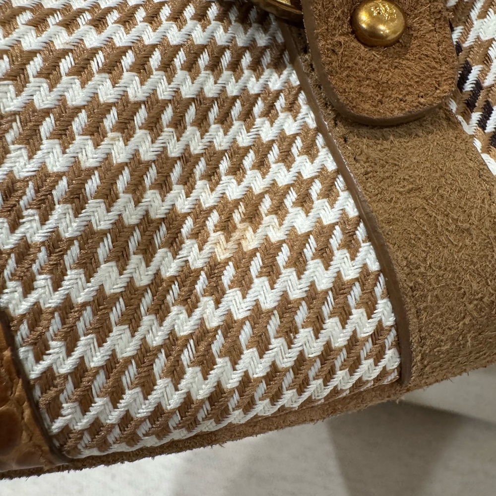 ‼️SOLD‼️Ralph Lauren Houndstooth Neutral Croc Leather Toggle Lock Hobo Bag Purse - Picture 12 of 16